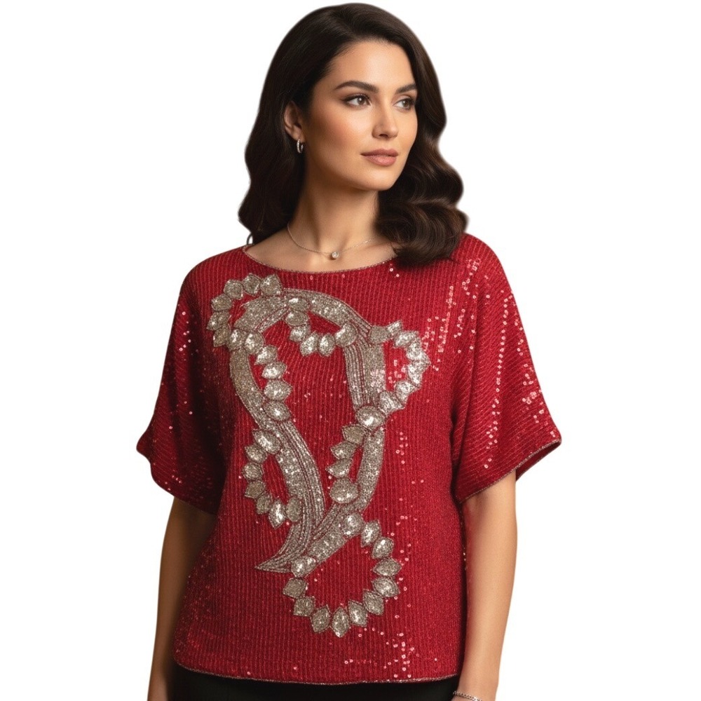 VTG SCALA Pure SILK Red SEQUIN Silver FLORAL DESIGN Evening Party BLOUSE/TOP M